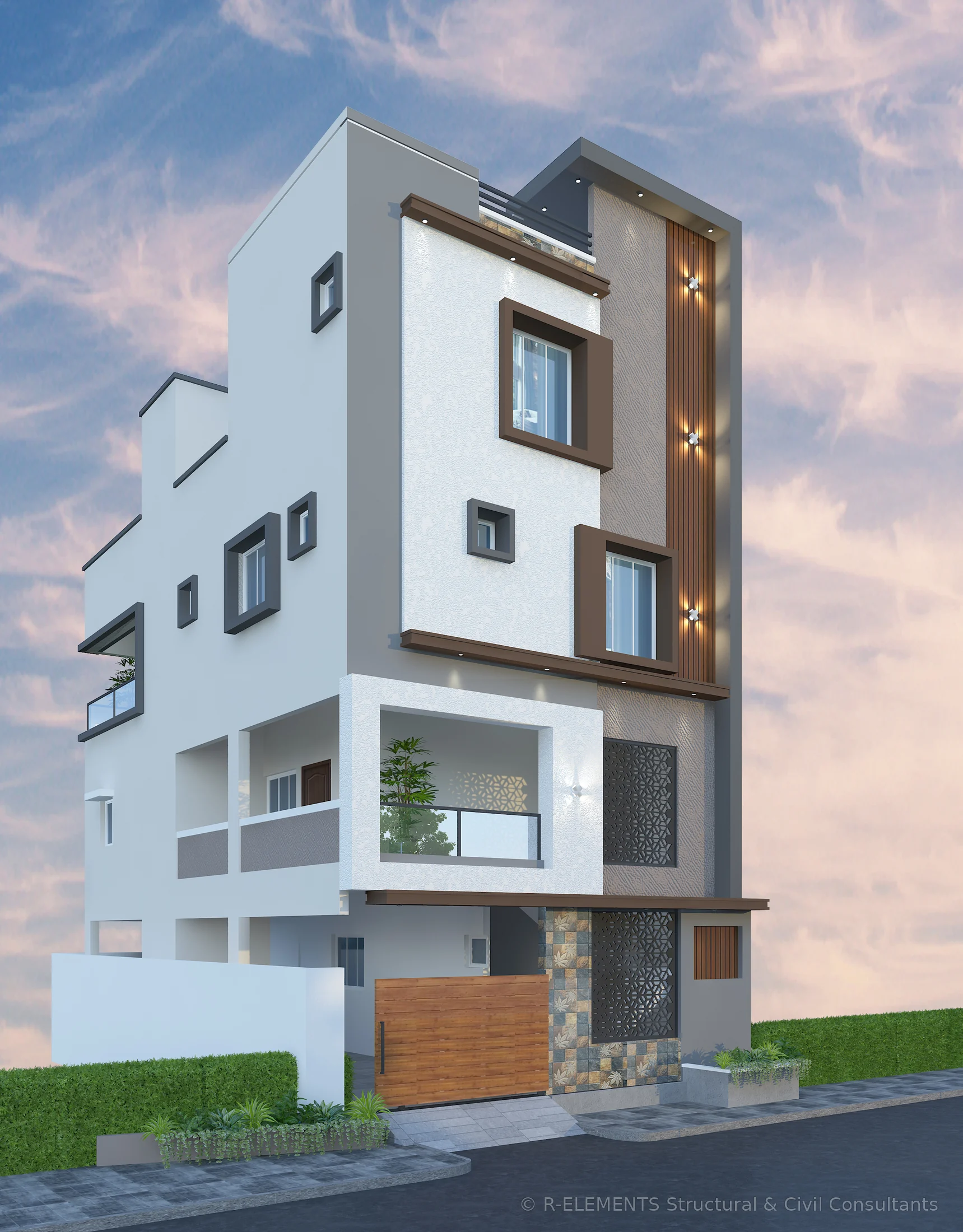 Contemporary narrow-lot residential elevation design visual