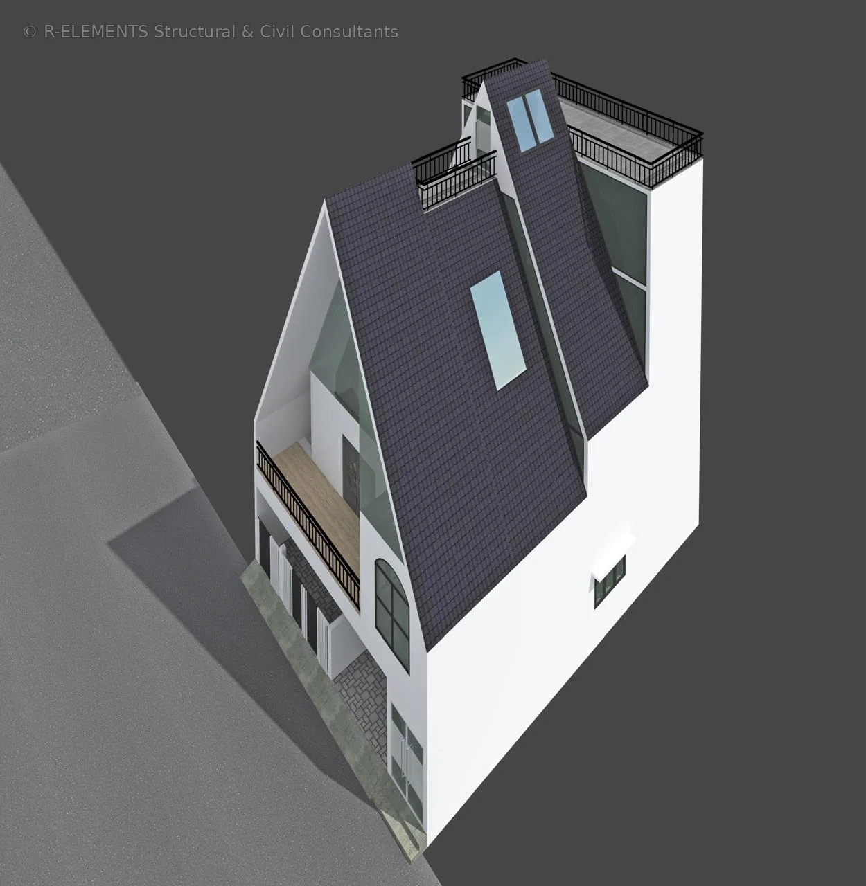 Residential aerial roof and massing design visual